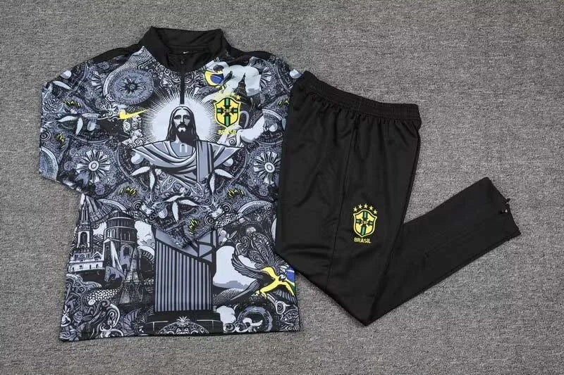 2024 Brazil Half-Pull Training Suit Special Edition Jesus Black Football Shirt 1:1 Thai Quality Set