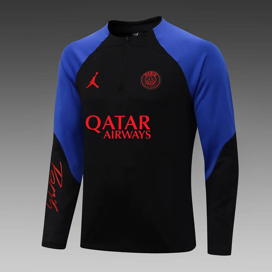 2022/2023 Psg Paris Saint-Germain Half-Pull Training Suit Black-Blue Sleeve Set