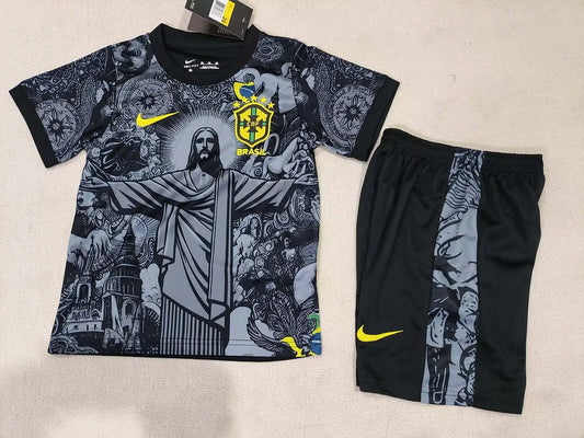 2024 Brazil Special Edition Jesus Black Gray Soccer Jersey Kids Size